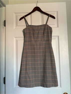 Simons Brown Plaid Spaghetti Strap Mini Dress